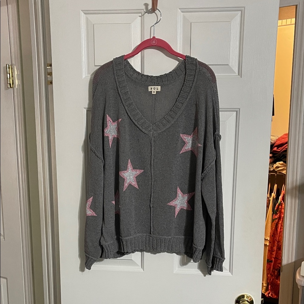 POL Gray V-Neck Sweater with Pink Stars